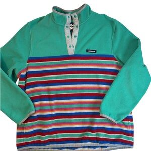 Lands’ End Retro Fleece Pullover Snap Neck Striped Colorblock Mint Blue Pink